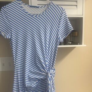 J. McLaughlin Blue and White Striped Catalina cloth faux wrap dress